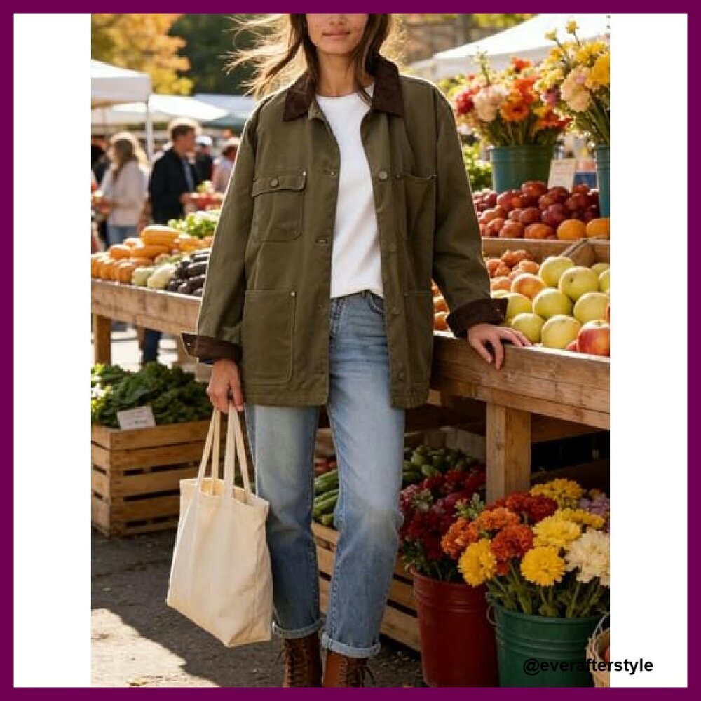 Oversized Utility Barn Jacket Vintage Workwear Corduroy Collar Casual Coat - Picture 8 of 8